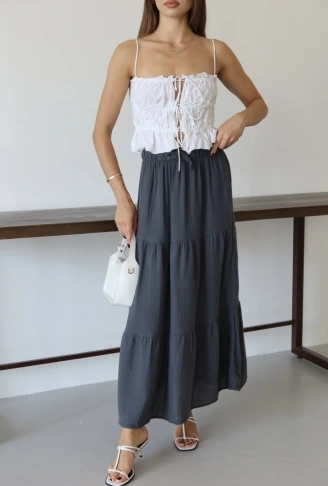 Müslin kumaş keten uzun etek antrasit pt