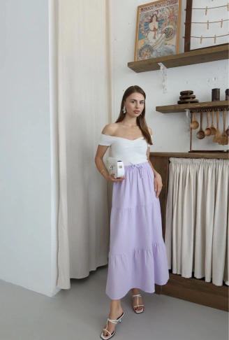 Müslin kumaş keten uzun etek lila pt