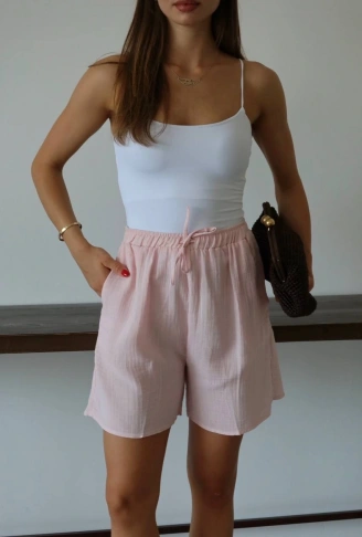 Müslin kumaş şort bağcıklı pembe pt