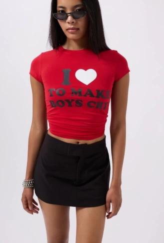 Nakış Detay Baskılı Crop T-Shirt