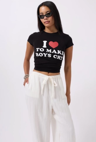 Nakış Detay Baskılı Crop T-Shirt