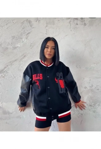 Nakışlı Kolları Deri Oversize Kolej Ceket - Siyah