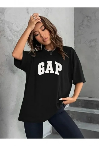 Nakışlı Oversize Penye T-Shirt - Siyah