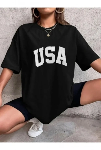 Nakışlı Oversize T-Shirt - Siyah