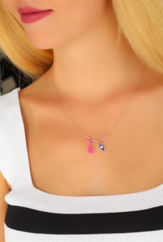Nazar Boncuklu Pembe Renk Taşlı Rose Bayan Kolye - Lisinya