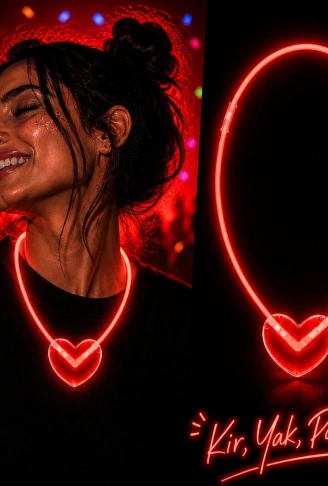 Neon Işıklı Fosforlu Kalp Parti Kolyesi Kırmızı Renk (4940)
