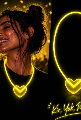 Neon Işıklı Fosforlu Kalp Parti Kolyesi Sarı Renk (4940)