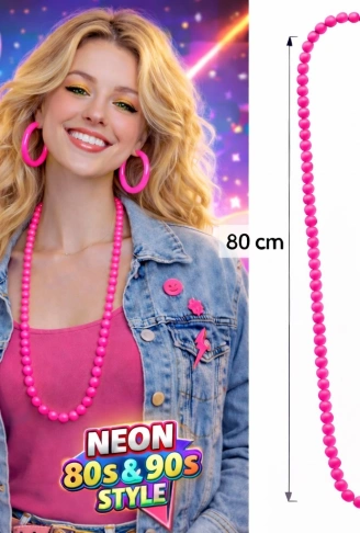 Neon Pembe Boncuk Kolye 80 cm – Retro 80’ler 90’lar Parti Aksesuarı (4940)
