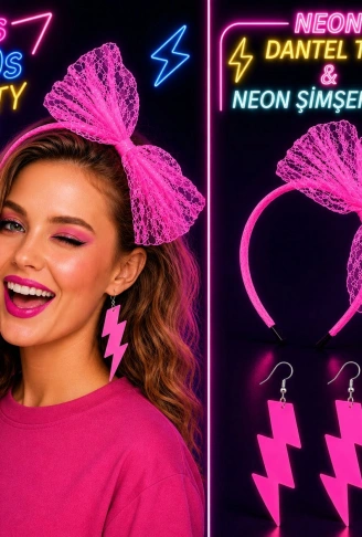 Neon Pembe Dantel Taç ve Şimşek Küpe 80'ler 90'lar Parti Seti (4940)