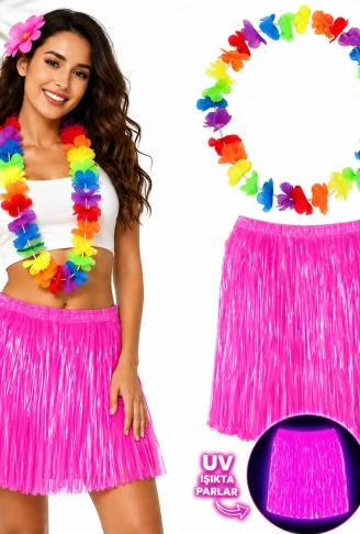 Neon Pembe Hawaii Etek 40 cm ve Rengarenk Hawaii Kolye (4940)