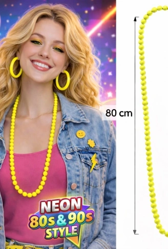 Neon Sarı Boncuk Kolye 80 cm – Retro 80’ler 90’lar Parti Aksesuarı (4940)