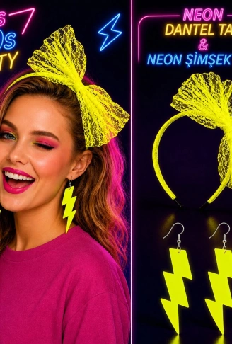 Neon Sarı Dantel Taç ve Şimşek Küpe 80'ler 90'lar Parti Seti (4940)
