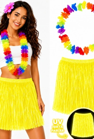 Neon Sarı Hawaii Etek 40 cm ve Rengarenk Hawaii Kolye (4940)