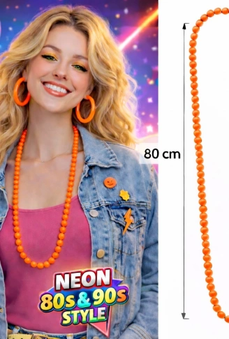 Neon Turuncu Boncuk Kolye 80 cm – Retro 80’ler 90’lar Parti Aksesuarı (4940)