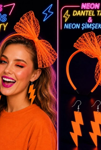 Neon Turuncu Dantel Taç ve Şimşek Küpe 80'ler 90'lar Parti Seti (4940)