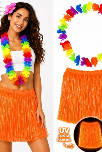Neon Turuncu Hawaii Etek 40 cm ve Rengarenk Hawaii Kolye (4940)