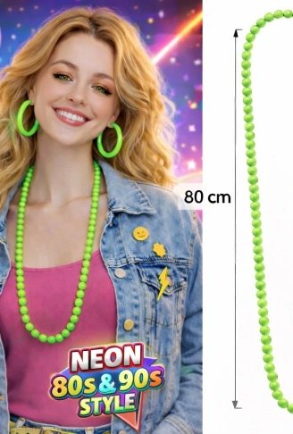 Neon Yeşil Boncuk Kolye 80 cm – Retro 80’ler 90’lar Parti Aksesuarı (4940)