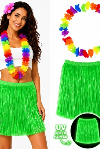 Neon Yeşil Hawaii Etek 40 cm ve Rengarenk Hawaii Kolye (4940)