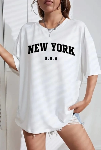 New York Baskılı Oversize Bisiklet Yaka T-shirt - Beyaz