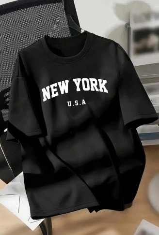 New York Baskılı Oversize Bisiklet Yaka T-shirt - Siyah