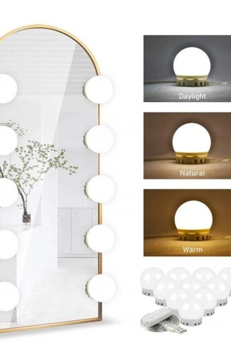 Nostalji Hollywood Tarzı 10'lu Makyaj Masası Aynası Beyaz Led Işıklı Lamba USB (4940)