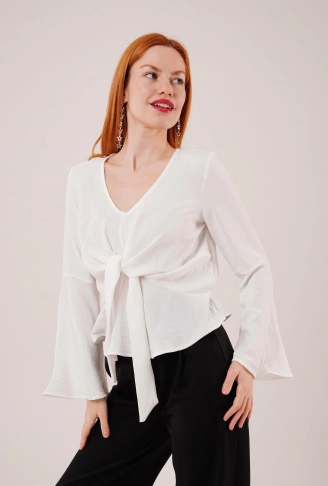 Ön Bağlamalı Volan Kol Beyaz Bluz