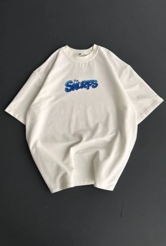 Ön Ve Arka Baskılı Oversize Bisiklet Yaka T-shirt- Beyaz