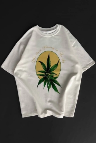 Ön Ve Arka Baskılı Oversize Bisiklet Yaka T-shirt- Beyaz