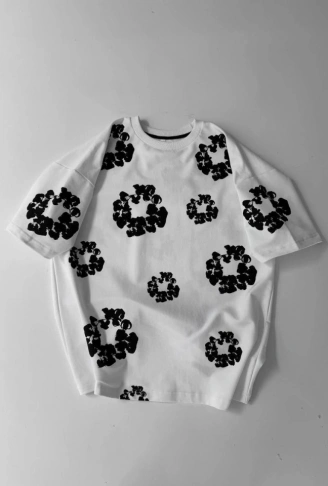 Ön Ve Arka Baskılı Oversize Bisiklet Yaka T-shirt- Beyaz