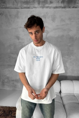 Ön Ve Arka Baskılı Oversize Bisiklet Yaka T-shirt- Beyaz