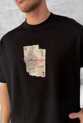 Ön Ve Arka Baskılı Oversize Bisiklet Yaka T-shirt - Siyah