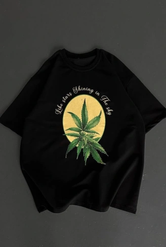 Ön Ve Arka Baskılı Oversize Bisiklet Yaka T-shirt- Siyah