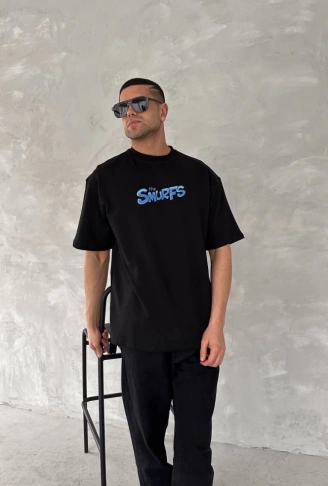 Ön Ve Arka Baskılı Oversize Bisiklet Yaka T-shirt- Siyah