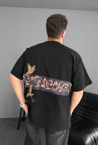 Ön Ve Arka Baskılı Oversize Bisiklet Yaka T-shirt - Siyah