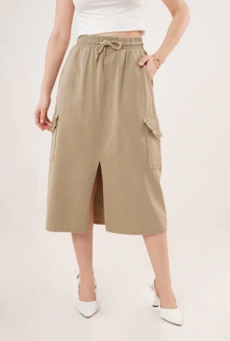 Ön Yırtmaçlı Cep Detaylı Haki Etek