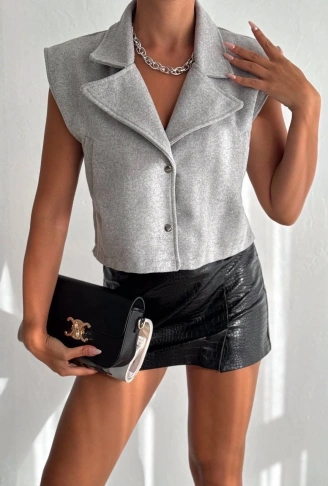 Önü çıtçıtlı cepli kaşe yelek gri f2253