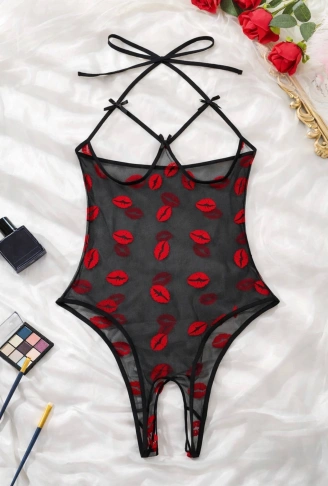 Öpücük Desenli Transparan Siyah Fantazi İç Giyim TM1385