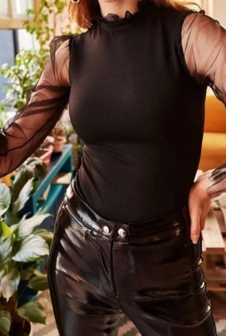 Kadın Kolları Tül Detaylı örme Krep Kumaş Bluz