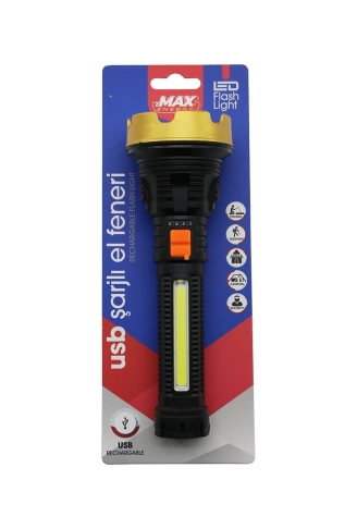 ORTA=19CM 2İN1= OSL LED - COB LED USB ŞARJLI EL FENERİ 3-KADEME IŞIK - FLAŞÖR ŞARJ GÖSTERGE (4940)