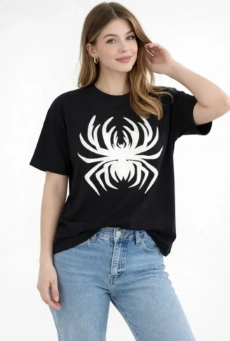 Örümcek Baskılı Tişört Kısa Kollu Bisiklet Yaka T-Shirt - Siyah