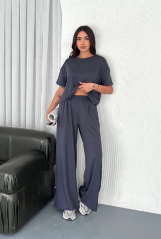 Osy Modal Yumuşak Dokulu Kumaş Bisiklet Yaka T-shirt Bol Paça Pantalon Ikili Takım -Antrasit