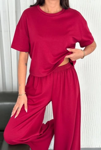 Osy Modal Yumuşak Dokulu Kumaş Bisiklet Yaka T-shirt Bol Paça Pantalon Ikili Takım -Bordo