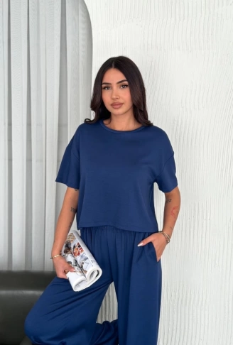 Osy Modal Yumuşak Dokulu Kumaş Bisiklet Yaka T-shirt Bol Paça Pantalon Ikili Takım -Saks Mavi