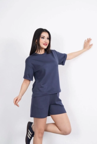 Osy Modal Yumuşak Dokulu Kumaş Bisiklet Yaka T-shirt Kısa Şort İkili Takım - Antrasit