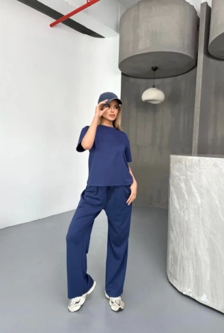 Osy Modal Yumuşak Dokulu Kumaş Kısa Kollu Bluz Rahat Pantalon Ikili Takım- Lacivert