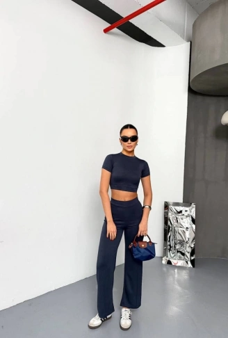 Osy Modal Yumuşak Dokulu Kumaş Kısa Kollu Crop Alt Ispanyol Paça Pantalon Ikili Takım - Füme