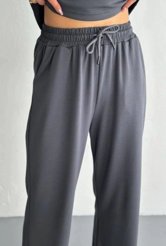 Osy Modal Yumuşak Dokulu Kumaş Kısa Kollu Yakalı T-shirt Pantalon Ikili Takım- Antrasit