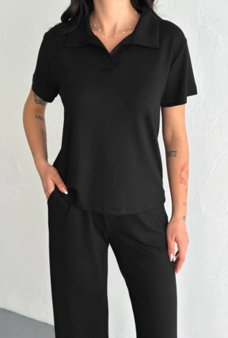 Osy Modal Yumuşak Dokulu Kumaş Kısa Kollu Yakalı T-shirt Pantalon Ikili Takım- Siyah