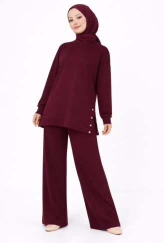 Osy Modal Yumuşak Dokulu Kumaş Modern Tesettür Takım Yandan Metal Çıtçıtlı Uzun Tunik Pantolon Set Salaş Kalıp - Bordo