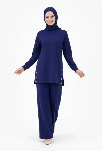 Osy Modal Yumuşak Dokulu Kumaş Modern Tesettür Takım Yandan Metal Çıtçıtlı Uzun Tunik Pantolon Set Salaş Kalıp - Lacivert